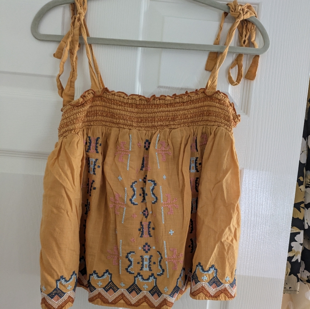 ANTHROPOLOGIE Cotton Embroidered Yellow/Orange/Blue Top Tank Bow Tied Straps